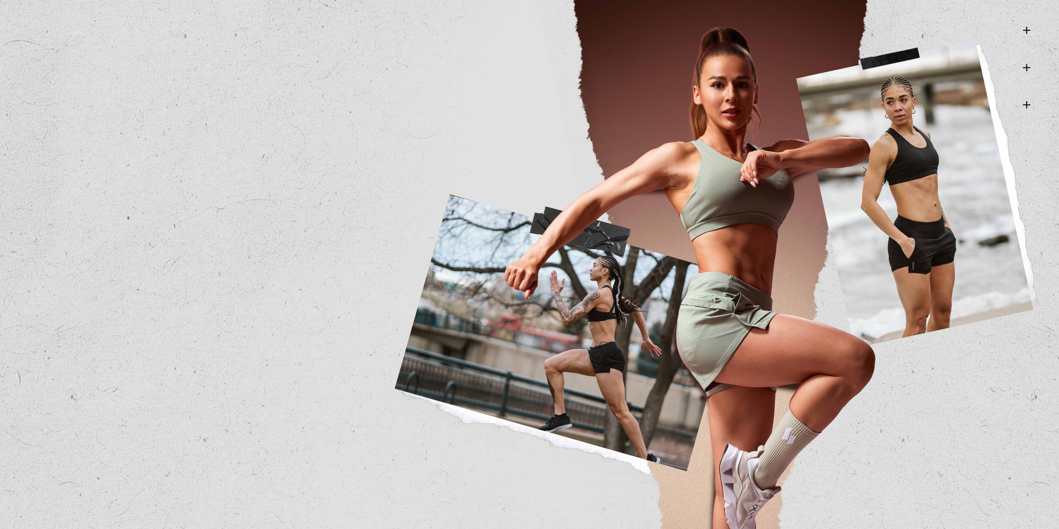 A collage of three athletic women wearing Hylete apparel. The central figure wears a light green sports bra and skirt. The other two women, both with braided hair, are in black sports bras and shorts; one is running and the other is standing by a body of water.